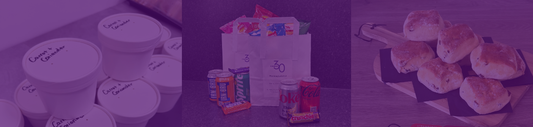 banner consisting of containers with soup, pre-made lunch bags with drinks, crisps, sandwiches and snacks and scones on a board